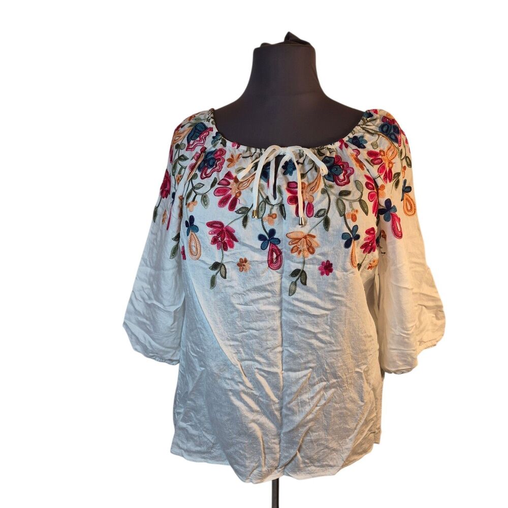 Kindred Anthropologie Womens Tunic Top Size 3X White Embroidered Floral Boho